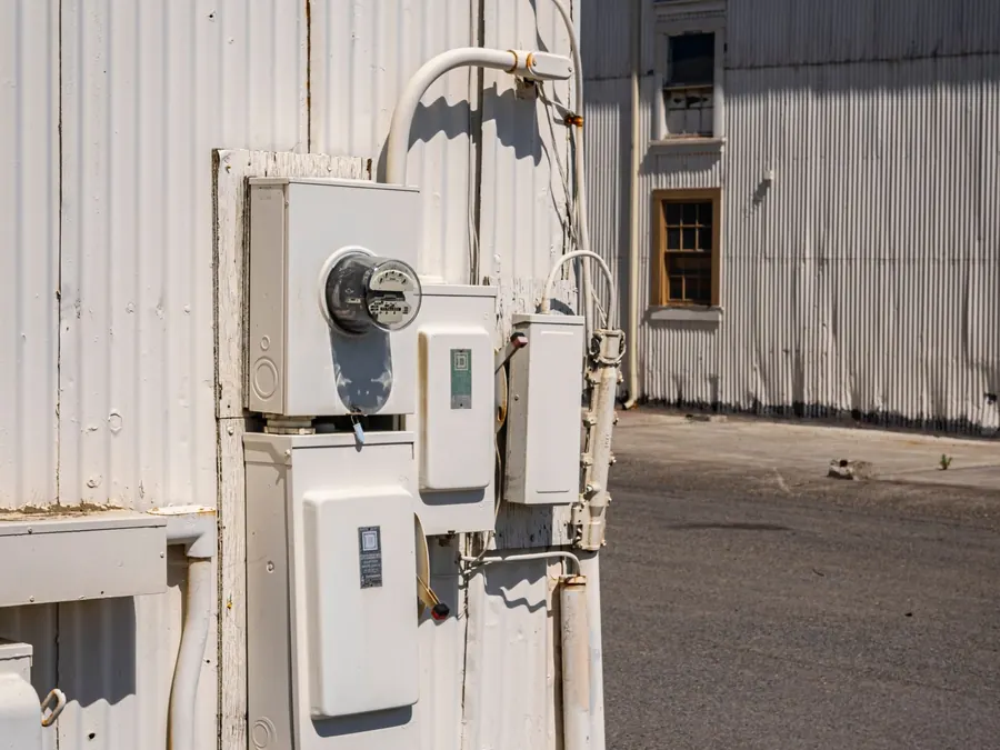 Conjunto de medidores eléctricos montados en un tablero para buzones de edificio